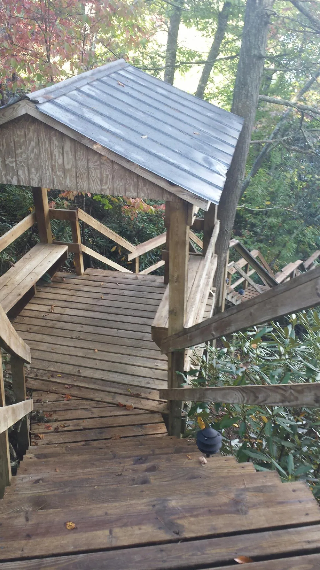 Metal roofed shelter over wooden steps on a wooded walkway — Skylight Repair & Installation work by our crew in Arriba
